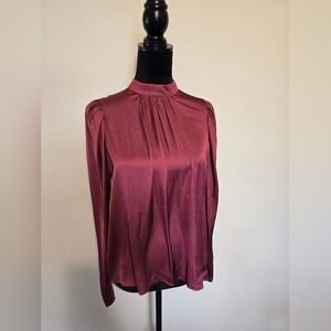 Anthropology Burgundy Satin Plicated Front Keyhole Back Long Sleeve top  Size S